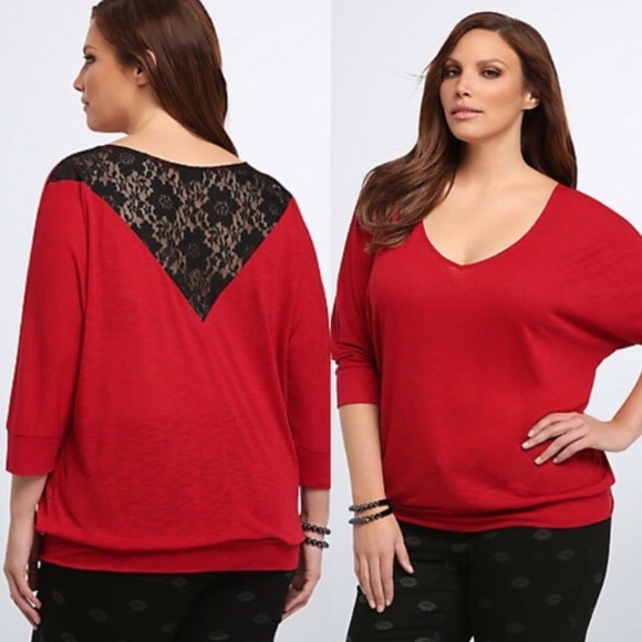 torrid Tops - ➕ Torrid Red Dolman Sleeve Lace Detail Top : 9:C